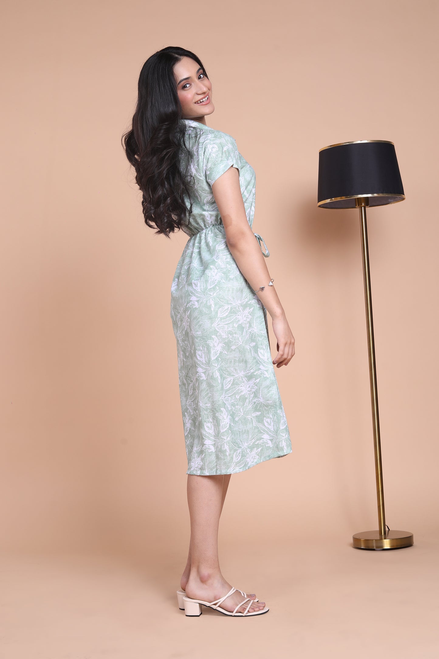 Linen Green Floral Midi Dress