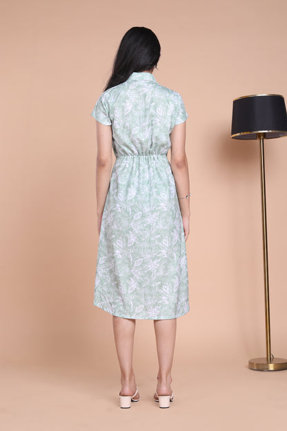 Linen Green Floral Midi Dress