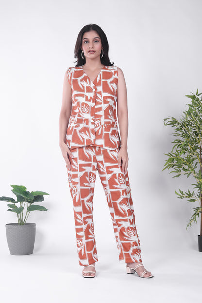 Linen Orange Leaf Waistcoat Set