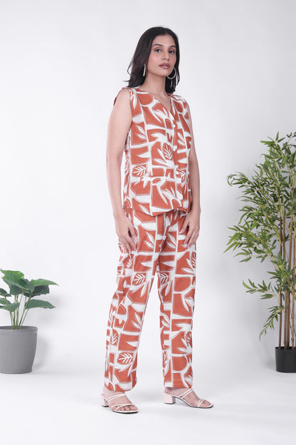 Linen Orange Leaf Waistcoat Set