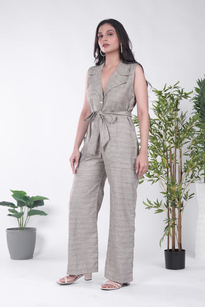 Silk Khaki Collared Jumpsuit