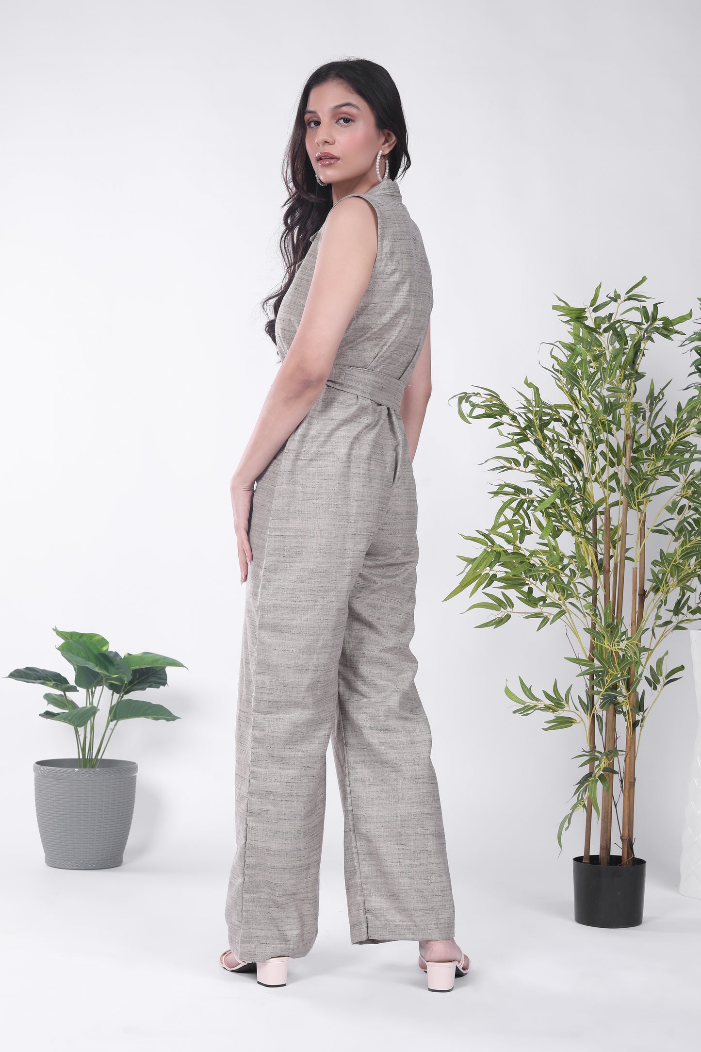 Silk Khaki Collared Jumpsuit