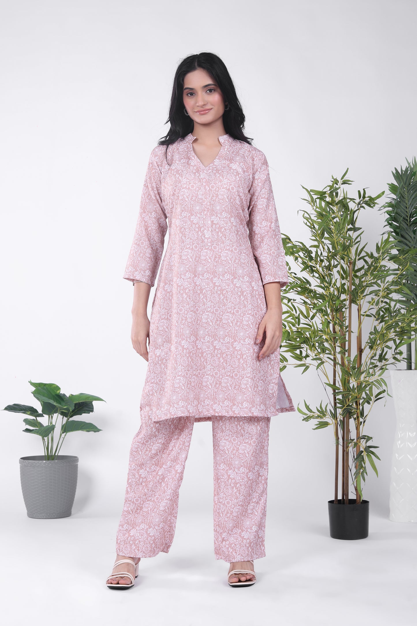 Linen Brown Floral Kurta Set