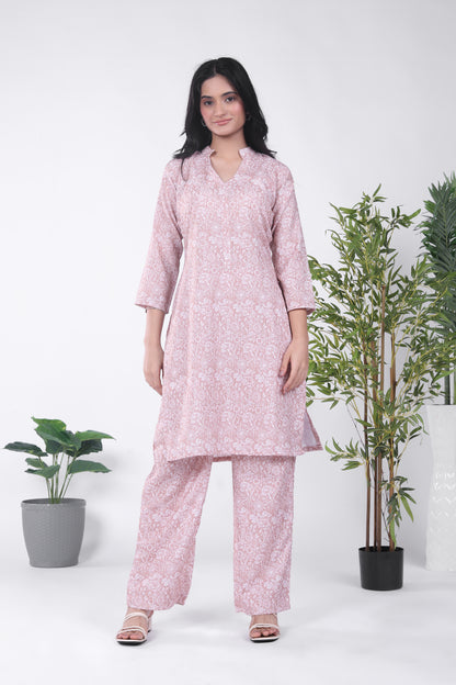 Linen Brown Floral Kurta Set