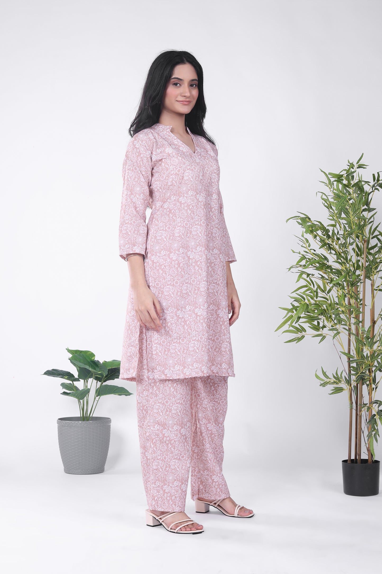Linen Brown Floral Kurta Set