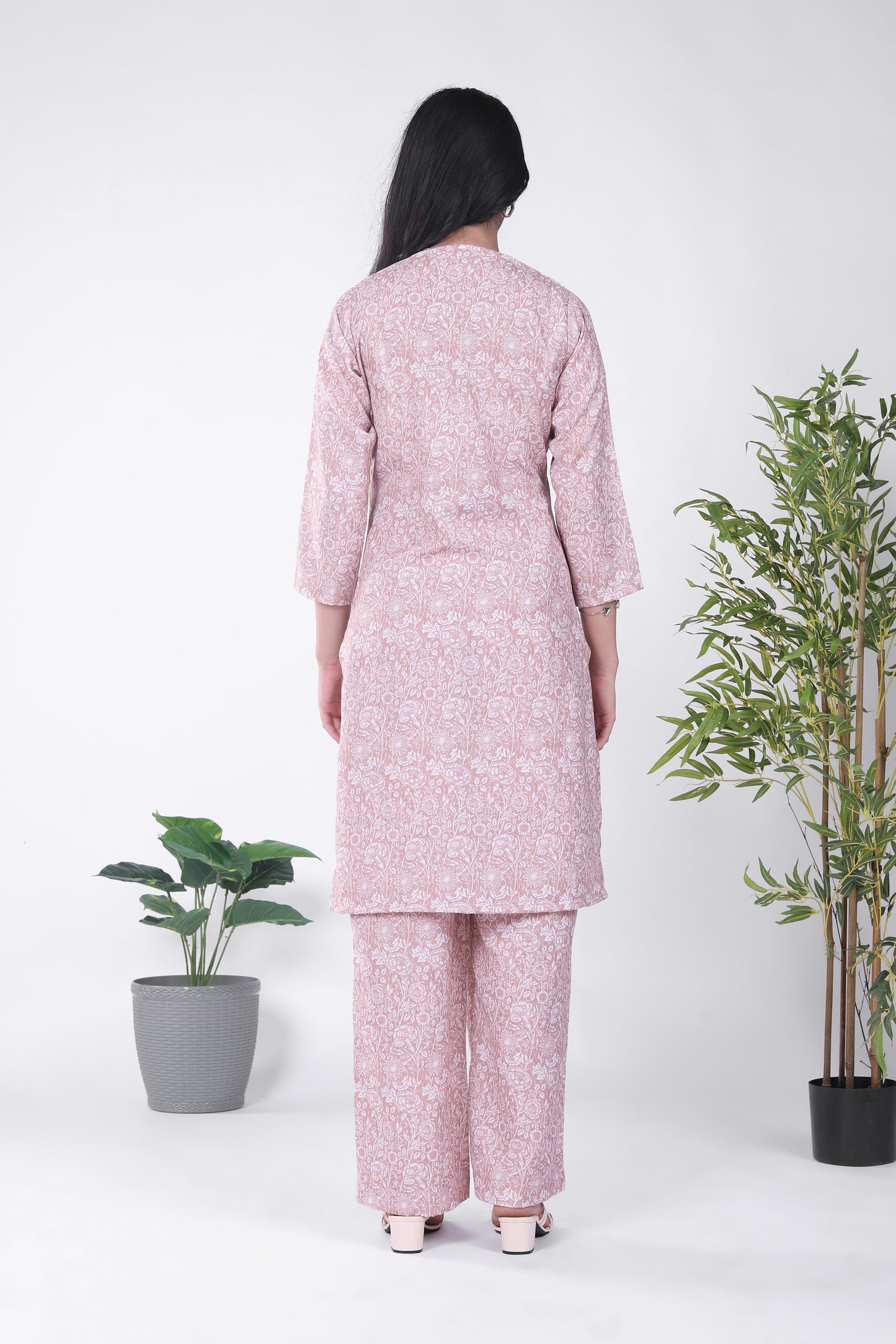 Linen Brown Floral Kurta Set