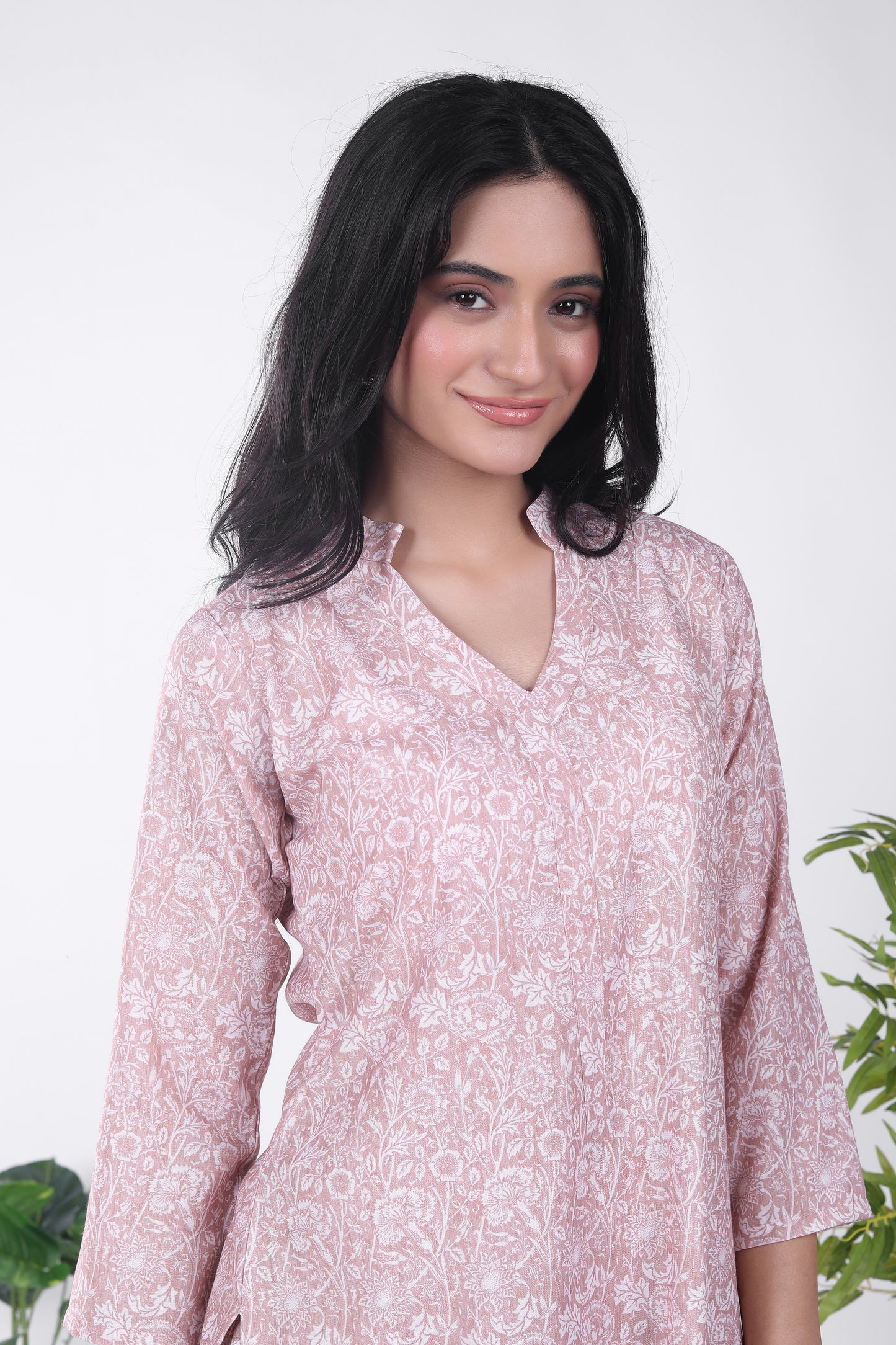 Linen Brown Floral Kurta Set