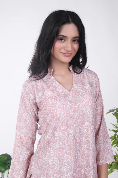 Linen Brown Floral Kurta Set