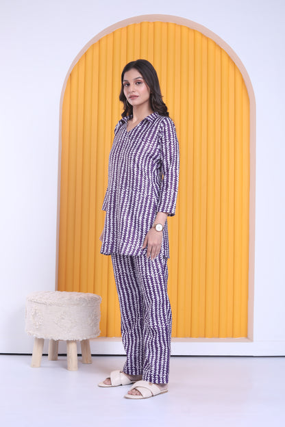 Linen Monsoon Purple Collared Co-ord Set