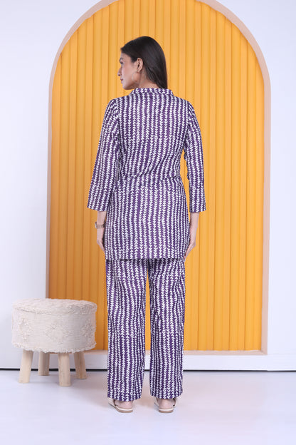 Linen Monsoon Purple Collared Co-ord Set