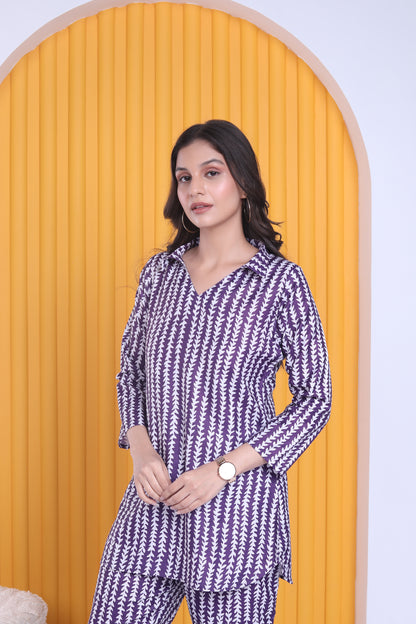 Linen Monsoon Purple Collared Co-ord Set