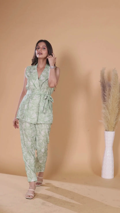 Linen Green Floral Blazer Set