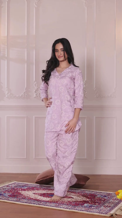 Lilac embroidered co-ord set with collared top