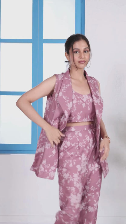 Linen Pink Shawl Collar Floral Jacket Set